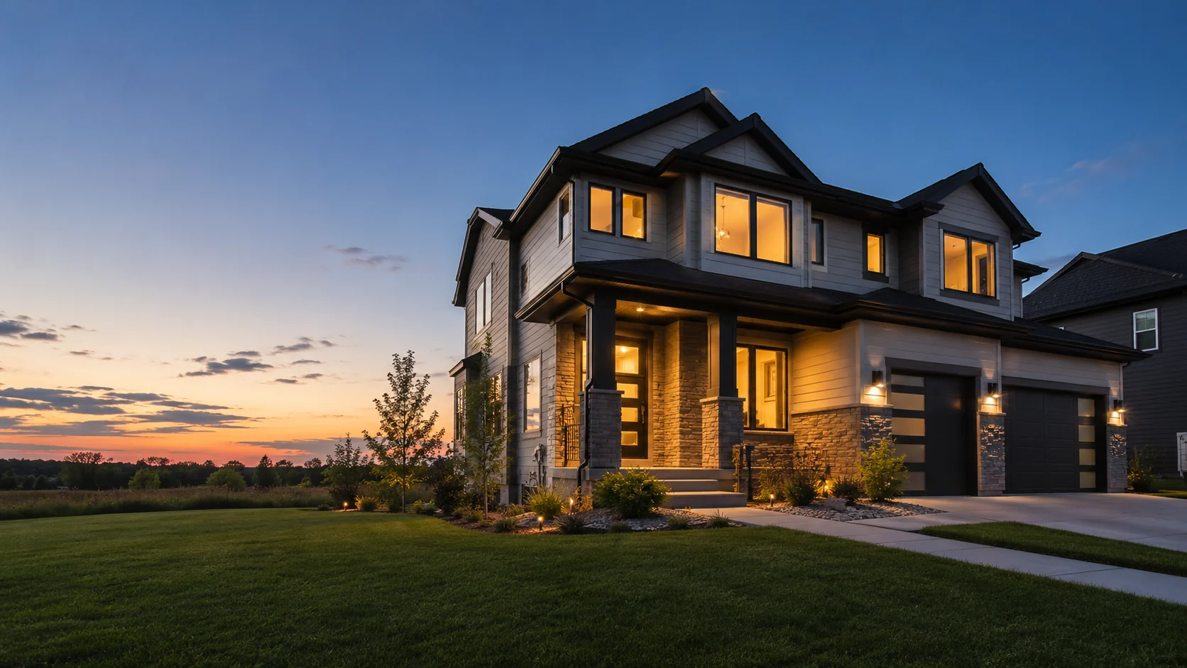 Stately modern craftsman home in Savage, Minnesota at dusk with warm lit windows — home inspection